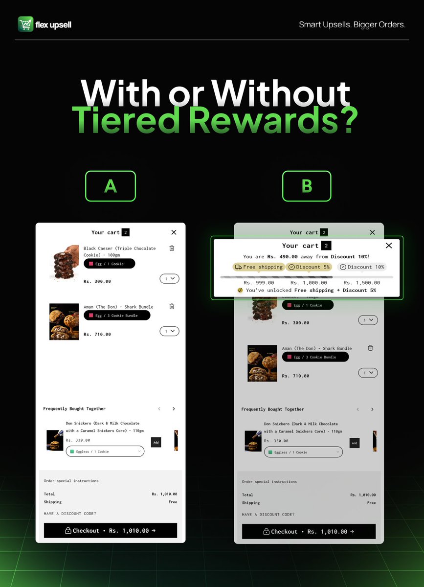 niconvert's tweet photo. A or B?

A: Plain slide-out cart. 
B: Tiered rewards progress bar.

Most brands are leaving 15-20% in AOV on the table by choosing A. 
Which one are you running on your Shopify store? 👇

#shopify #shopifymarketing https://t.co/40YORxp1fw