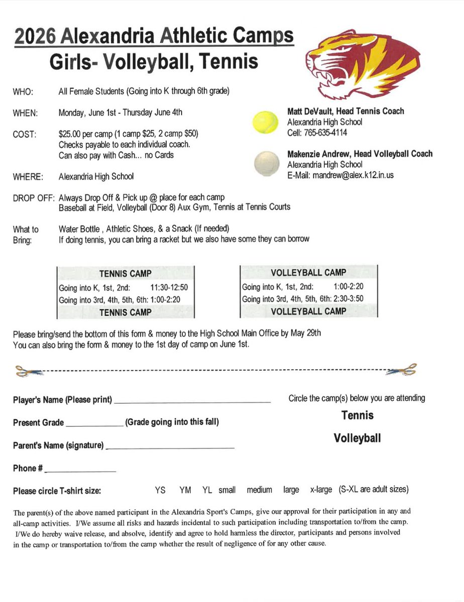 AMHSTennis's tweet photo. Alexandria Sports Camps are June 1st-June 4th.  Tennis, Baseball, Volleyball.   Forms attached and also available at the 1st day of camp.   Camps for students going into K-6th. https://t.co/EJdPAOAia2