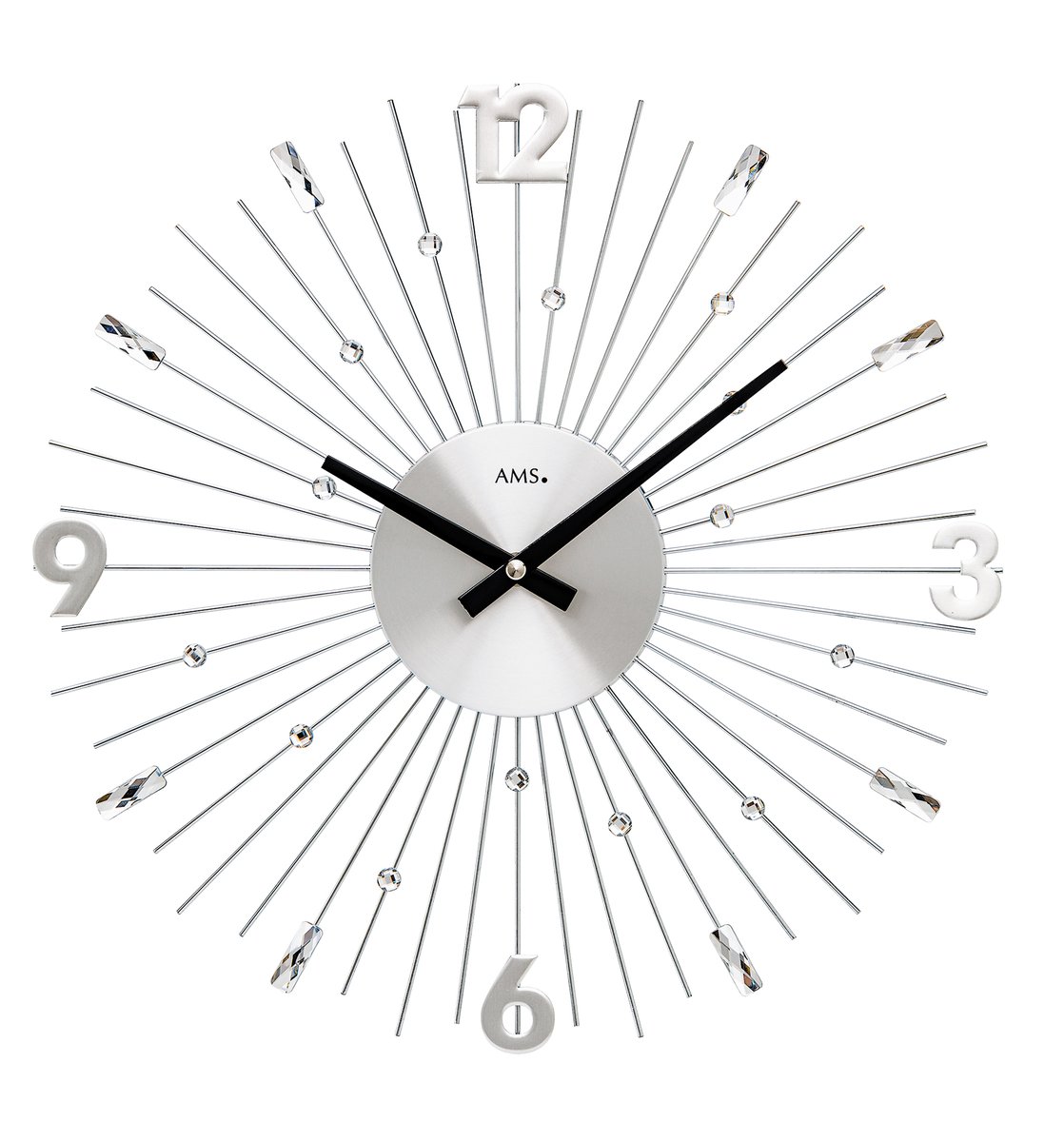 ClockShop543's tweet photo. ～目を引く掛時計～

放射状のスポークにラインストーを散りばめたユニークなデザイン。３，６，９，12の４箇所の数字がアクセント。シルバー基調でモダンな雰囲気。

※写真はアームス　9652　26,400円（税込）
https://t.co/QfwGeKIwQg

#アームス　#クロック　#インテリア　#掛け時計　#AMS　#clock https://t.co/3o0faWWPz4