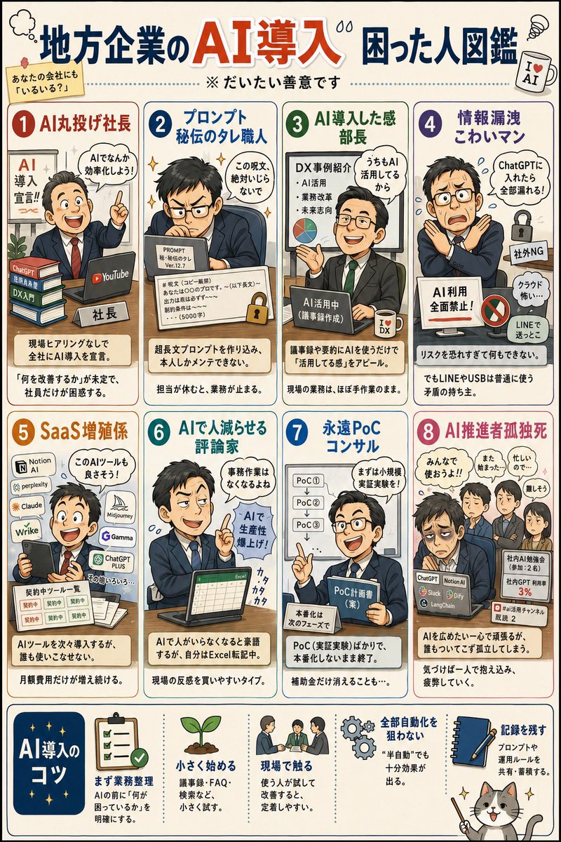 tay2tay2's tweet photo. 長谷川さんがSI業界版を作ってたので、応用して地方ローカル版を作ってみた。
•地方企業のAI導入困った人図鑑
風刺を効かせながら、悪人ではなく善意、でも、その善意がズレる。嫌味じゃなく、ちょっと笑える。
で、どうしたらいいのか？を結論として出しておく（笑） https://t.co/voaAlGXAUO