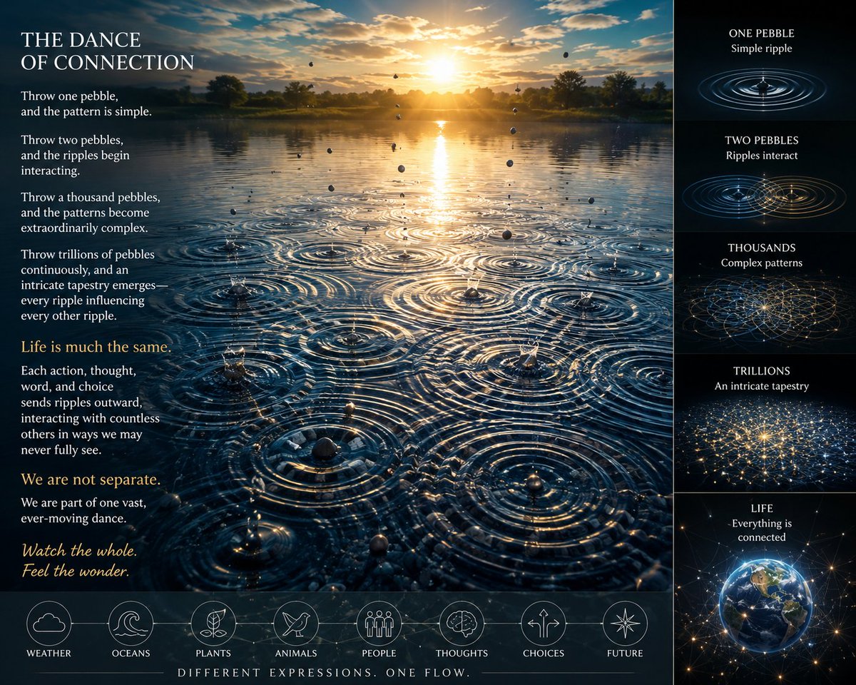 ZenAirWay's tweet photo. Throw a trillion pebbles into a pond.

The ripples become impossibly complex,
yet each follows the same simple movement.

Life feels much the same.

Everything connected.
Everything participating.

The beauty is in watching the whole dance. 🌊✨ https://t.co/2r2Clc3Z6u
