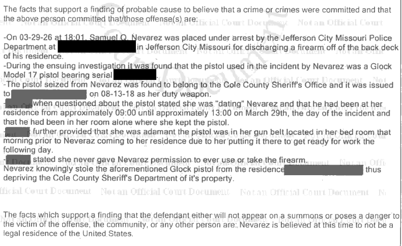 ImmigrantCrimes's tweet photo. Cole County, MO: In March, illegal alien Samuel Quiones Nevarez was arrested for Stealing a Firearm and Unlawful Use of Weapon While Intoxicated.

Court documents allege he stole the gun from a female Cole County deputy he was dating then later drunkenly fired it from a deck. https://t.co/VIqFy86xnm