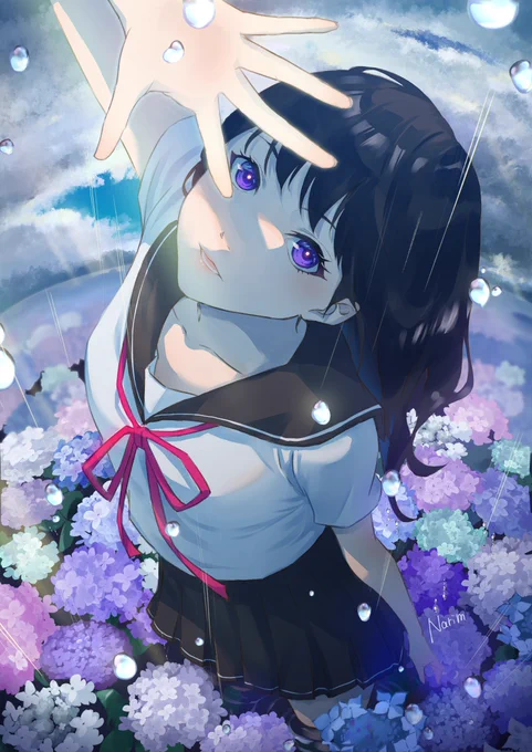 梅雨の絵割と描いてる ラフ← →完成 #illustration #oc