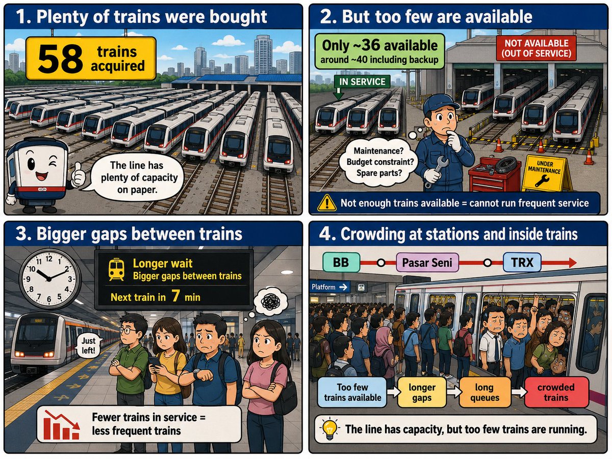 khalidkarim's tweet photo. The Kajang MRT Line is not overcrowded because the line has no capacity.

It has 58 four-car trains.
But only around 39–42 appear to be available for peak service.

That means longer gaps between trains.
3-min headway = 20 trains/hour
5-min headway = 12 trains/hour
That is a 40% cut in peak carrying capacity.

So passengers pile up at Bukit Bintang, Pasar Seni and TRX. Trains arrive already packed. Some cannot board. The next train gets worse.

This is not a “build MRT3” story.

It is a maintenance, fleet availability and operating funding story.

Before Malaysia talks about another RM50–60b rail project, we should ask:
Why can’t the busiest MRT line fully deploy the trains it already bought?

Thanks to @OldCentral