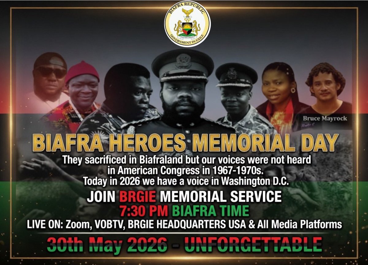 EUNICEPB1's tweet photo. Their memories shall not be forgotten.
JOIN BRGIE MEMORIAL SERVICE 
7:30 PM BIAFRA TIME MAY 30TH 
#Ojukwu
#Phillipeffiong
#Okokondem
#Brucemayrock
#Ikonso
#wakawaka https://t.co/2XPKDbX70k