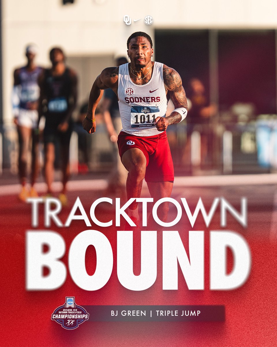 OU_Track's tweet photo. 4 for 4 ✔️

senior BJ Green claims the men’s triple jump West Regional title with a 16.74m (54’11.25”) jump, earning a fourth trip to Eugene where he will look to defend his NCAA Outdoor crown! https://t.co/9wQzYmE7q9