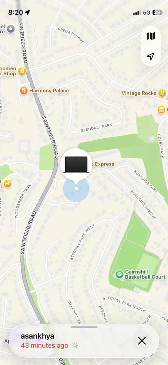TheSaddlePoint's tweet photo. The device subsequently appeared in Belfast, Northern Ireland.

As of the latest update, the approximate location reported by Find My is:

3 Commons Brae
Belfast BT8 6HX
Northern Ireland
(Attached screenshot) https://t.co/Y9WjLlzX8H