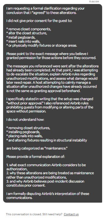 CoachKarlaHelps's tweet photo. @Airbnb is claiming that because I later discussed the situation after the changes were already completed, that somehow constitutes agreement. Clarify: Is a host's attempt to de-escalate &amp; address unauthorized modifications AFTER they occur considered prior authorization? https://t.co/mPrHp8PS7D