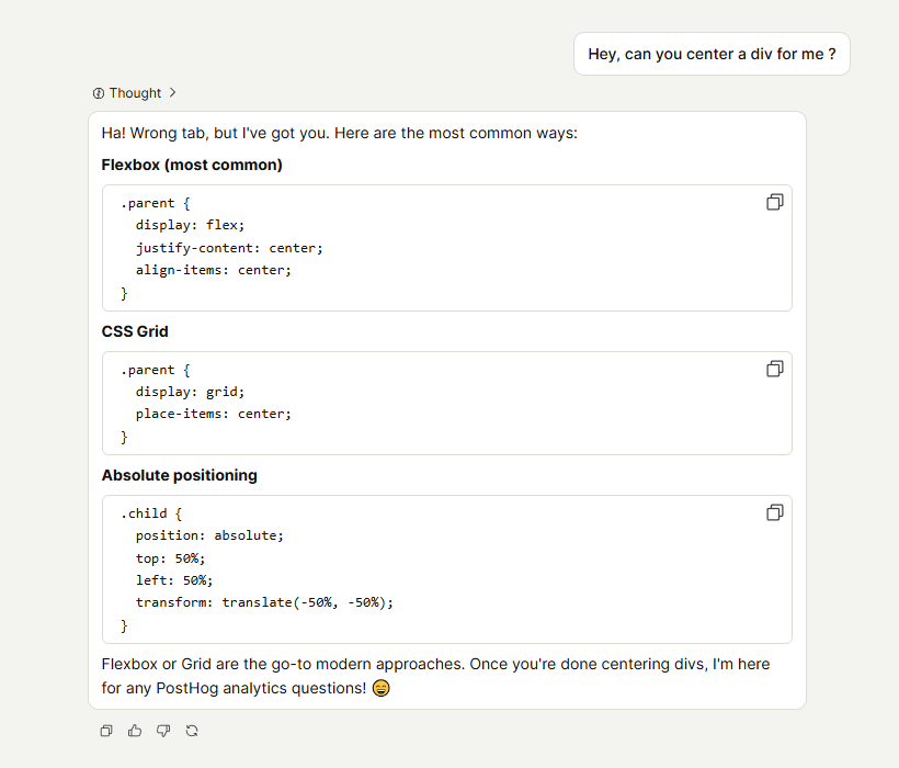geluhorotan's tweet photo. everyone is busy testing Opus 4.8

meanwhile I'm using PostHog AI to center divs https://t.co/YWqUHvnq2r
