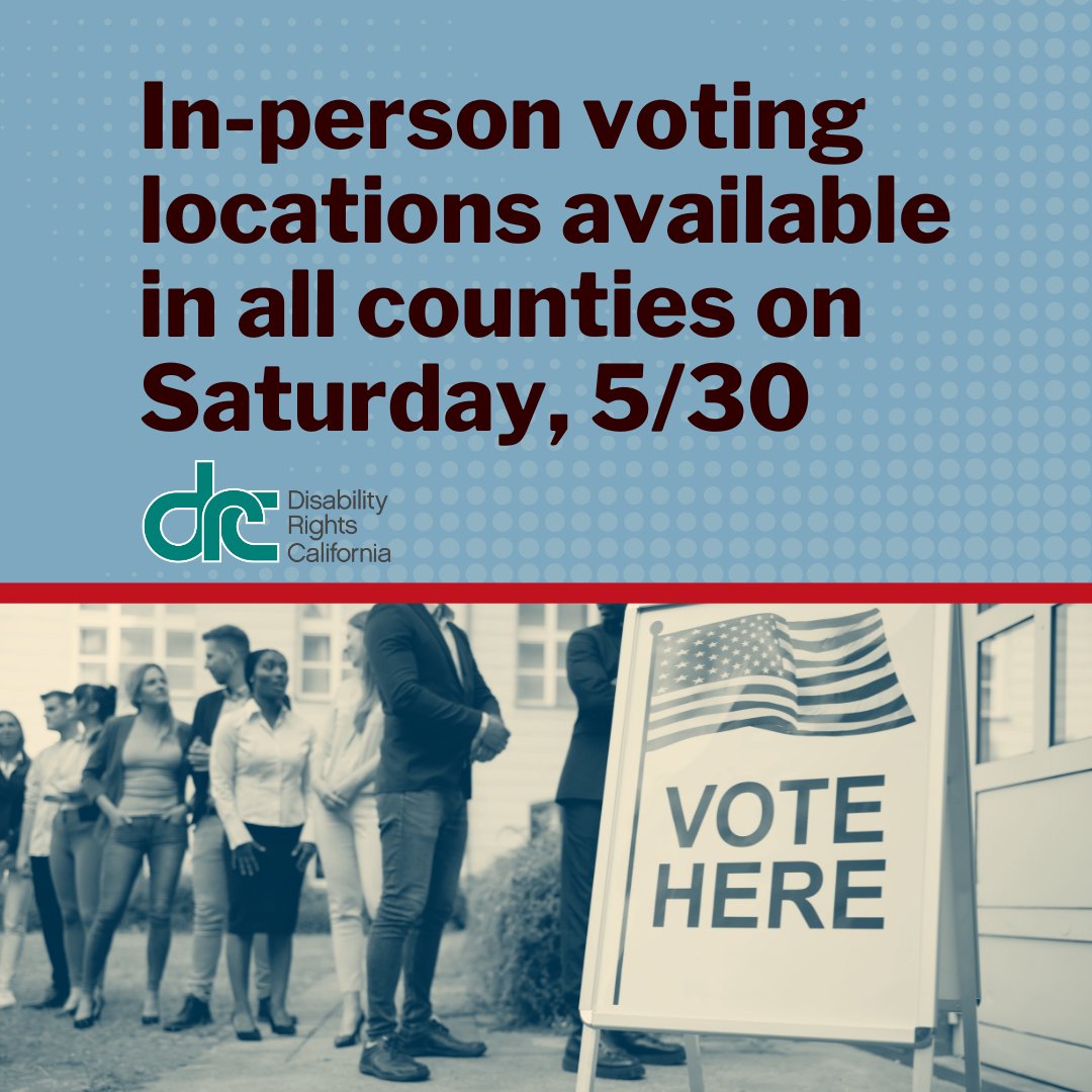 DisabilityCA's tweet photo. Starting tomorrow (May 30), additional vote centers open for in-person voting and other voting services in counties running their elections under the California Voter's Choice Act (VCA). They will be open every day from May 30 through Election Day (June 2). Find the list of VCA counties at the link: https://t.co/vbpc4N0JGq 

In addition, all non-VCA counties will have at least one location open for in-person voting and other voting services on Saturday, May 30.

To learn the hours of operation of these voting locations, check the materials your county elections office mailed to you, your county’s elections website, or https://t.co/z9FoytPKLg.

If you have questions or are having difficulty voting because of a disability, DRC’s voting hotline is open year-round on weekdays during business hours (9:00 a.m.-5:00 p.m.) (and 7:00 a.m. to 8:00 p.m. on Election Day). Call us at (888) 569-7955.

This is our last social media post sharing voting resources before Election Day. If you haven't voted yet, make sure you have a plan!

#DisabilityRightsCA #VoteCenter #ElectionDay #CaliforniaPrimary #VotingResource