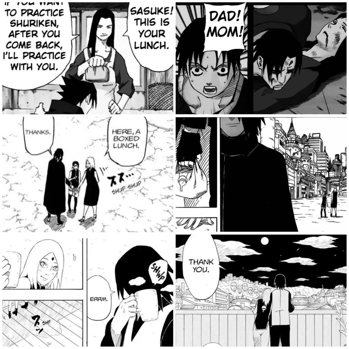 Winterchwan's tweet photo. Sasuke’s last time seeing his family alive and Sasuke’s last scenes drawn by Kishimoto https://t.co/71gkaBzELV