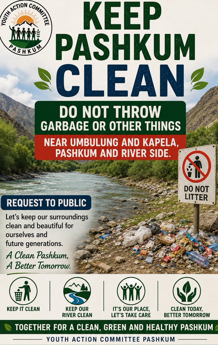 mohdjawed72's tweet photo. 🚮 A humble request to everyone
Please do not throw garbage along NH-1,riverbanks,or around Umbulung and Kapila,Pashkum. Let's protect our environment and keep our village clean, beautiful, and healthy for future generations.@DIPR_Kargil 
#SaveWakhaRiver #CleanVillageGreenVillage https://t.co/QRjvEm0o9g