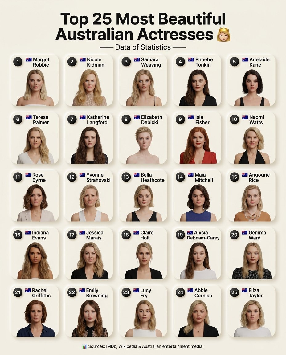 DataOfStats's tweet photo. Top 25 Most Beautiful Australian Actresses 👸🏻

1. 🇦🇺 Margot Robbie
2. 🇦🇺 Nicole Kidman
3. 🇦🇺 Samara Weaving
4. 🇦🇺 Phoebe Tonkin
5. 🇦🇺 Adelaide Kane
6. 🇦🇺 Teresa Palmer
7. 🇦🇺 Katherine Langford
8. 🇦🇺 Elizabeth Debicki
9. 🇦🇺 Isla Fisher
10. 🇦🇺 Naomi Watts
11. 🇦🇺 Rose Byrne
12. 🇦🇺 Yvonne Strahovski
13. 🇦🇺 Bella Heathcote
14. 🇦🇺 Maia Mitchell
15. 🇦🇺 Angourie Rice
16. 🇦🇺 Indiana Evans
17. 🇦🇺 Jessica Marais
18. 🇦🇺 Claire Holt
19. 🇦🇺 Alycia Debnam-Carey
20. 🇦🇺 Gemma Ward
21. 🇦🇺 Rachel Griffiths
22. 🇦🇺 Emily Browning
23. 🇦🇺 Lucy Fry
24. 🇦🇺 Abbie Cornish
25. 🇦🇺 Eliza Taylor

📊 Sources: IMDb, Wikipedia & Australian entertainment media.