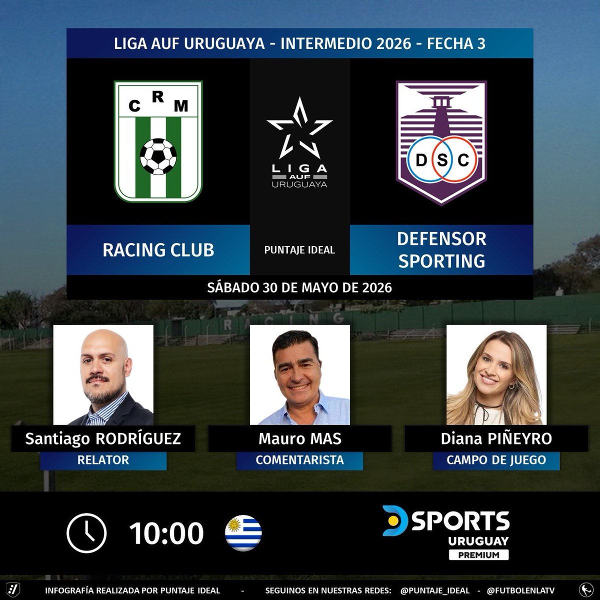 Puntaje_Ideal's tweet photo. ⚽ #IntermedioAUF 🇺🇾 | #Racing vs. #DefensorSporting
🎙 Relator: @santirodriguez8
🎙 Comentarista: @MauroMas28
🎙 Campo de juego: @dianapineyro1
📺 #DSportsUruguayPremium 🇺🇾 en los cables
🤳 #LigaAUFuruguaya - #AUF - #LigaUruguayaEnDSports - @DSportsUY
Dale RT 🔃 https://t.co/aKq4USHeA5