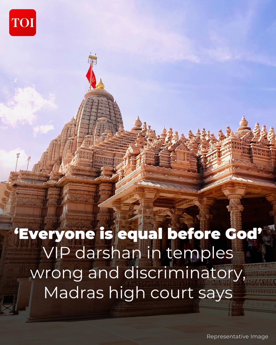 timesofindia's tweet photo. Paid #VIPdarshan at #Hindu temples is wrong and discriminatory, #Madrashighcourt remarked on Friday. It said no such practice is followed in churches and mosques. "Let ministers and MLAs not think that they could walk into a temple any time and that God would be waiting for them. Why do we need VIP darshan at all? Everyone is equal before God," observed a vacation bench of Justice G R Swaminathan and Justice V Lakshminarayanan.

Read here 🔗https://t.co/AdGPuXBv9j