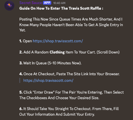 Secretsauce's tweet photo. Imagine this:

The raffle company behind the Travis raffle steals group info from the resellers they are trying to fight then posts it so they can make their raffle work. Mind fck? GG 😆 https://t.co/hmhGNkcTAJ