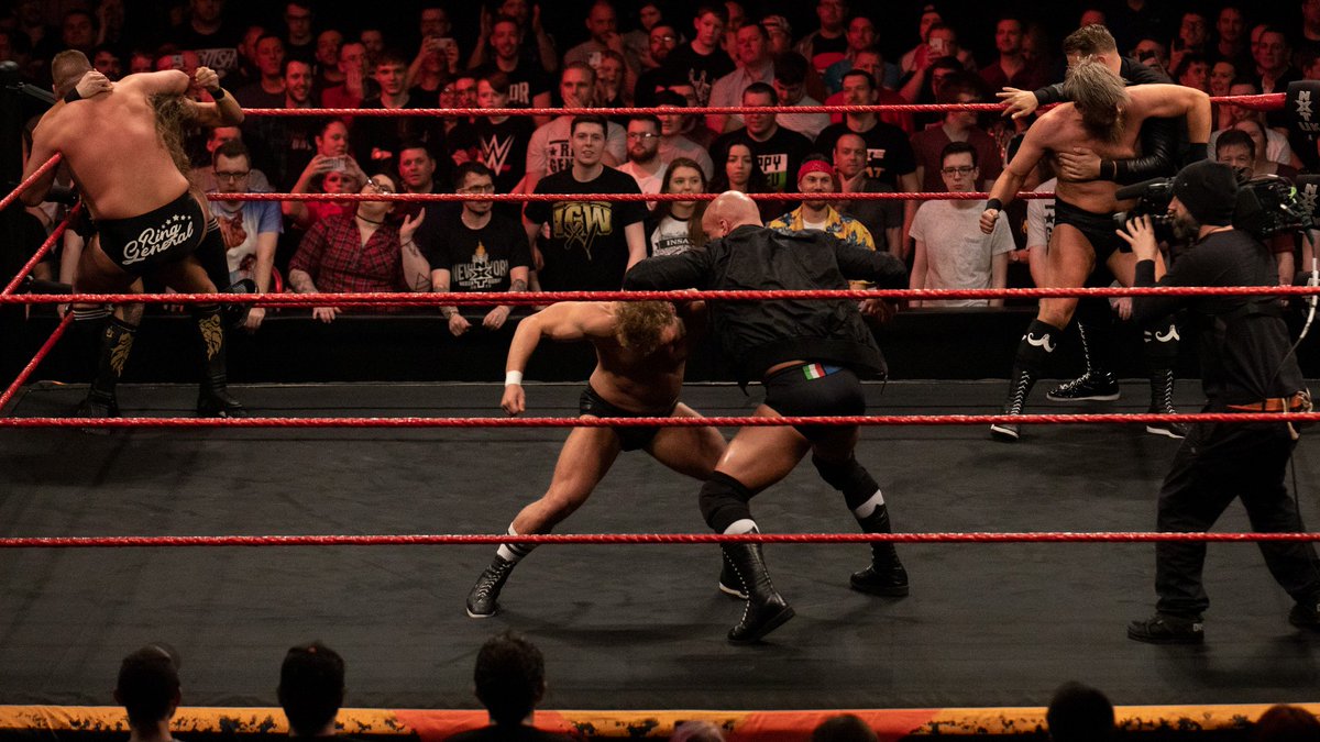 NXTUK_Legacy's tweet photo. May 29, 2019:
At Braehead Arena, #BritishStrongStyle (#TylerBate, @PeteDunneYxB, @trentseven) came to blows with newly formed #IMPERIUM (@Gunther_AUT, @wwe_kaiser, @fabian_aichner1) in an out-of-control brawl that took out the cameraman. #NXTUK
๐ธ WWE https://t.co/4tcHDM5Vzv