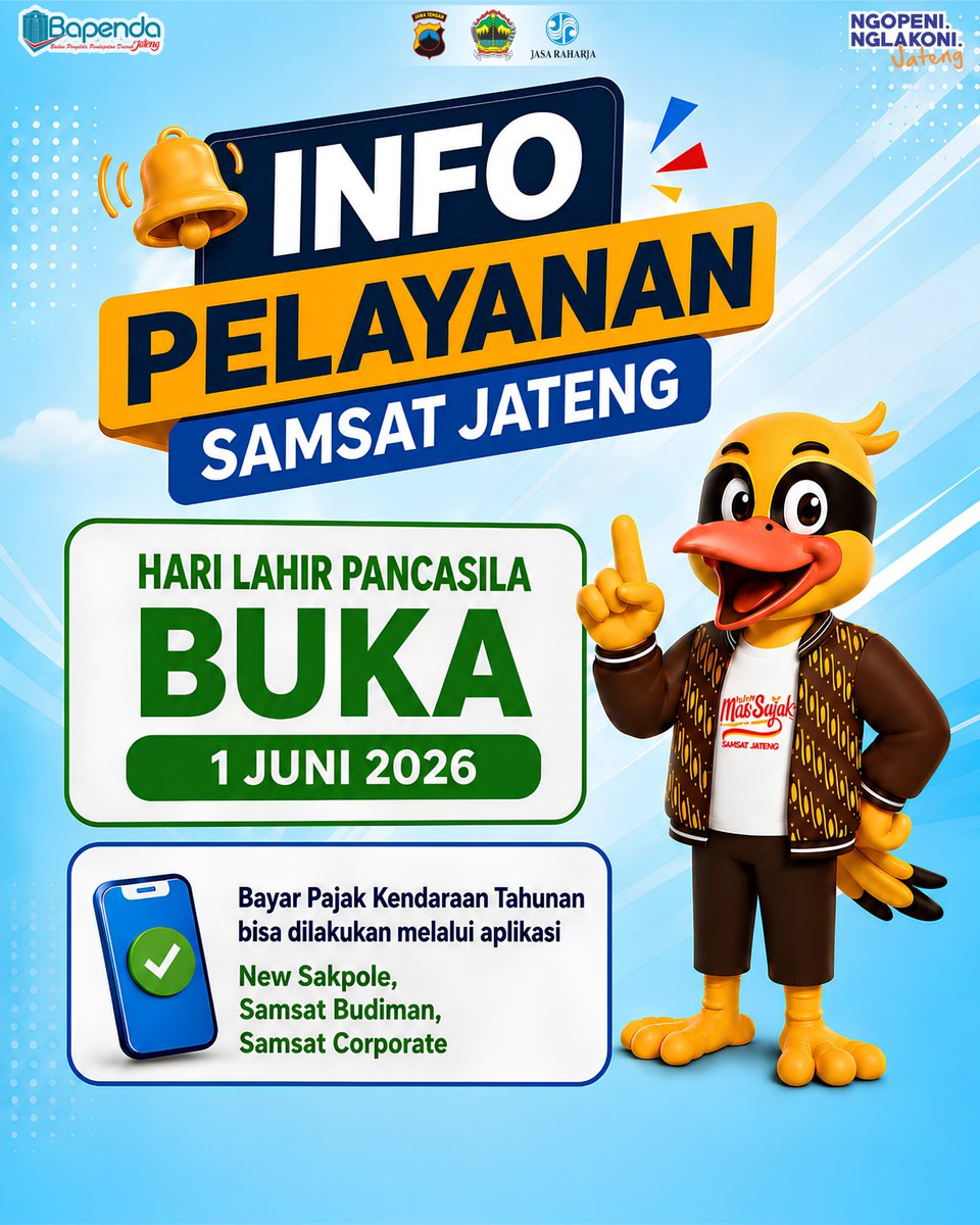 BPPD_JATENG's tweet photo. INFO PELAYANAN SAMSAT JAWA TENGAH

Dalam rangka peringatan Hari Lahir Pancasila, pelayanan Samsat di Jawa Tengah :

📅 1 Juni 2026 : BUKA

Pembayaran Pajak Kendaraan Bermotor Tahunan juga dapat dilakukan secara online melalui layanan E-Samsat. https://t.co/n6yNrKnzE8