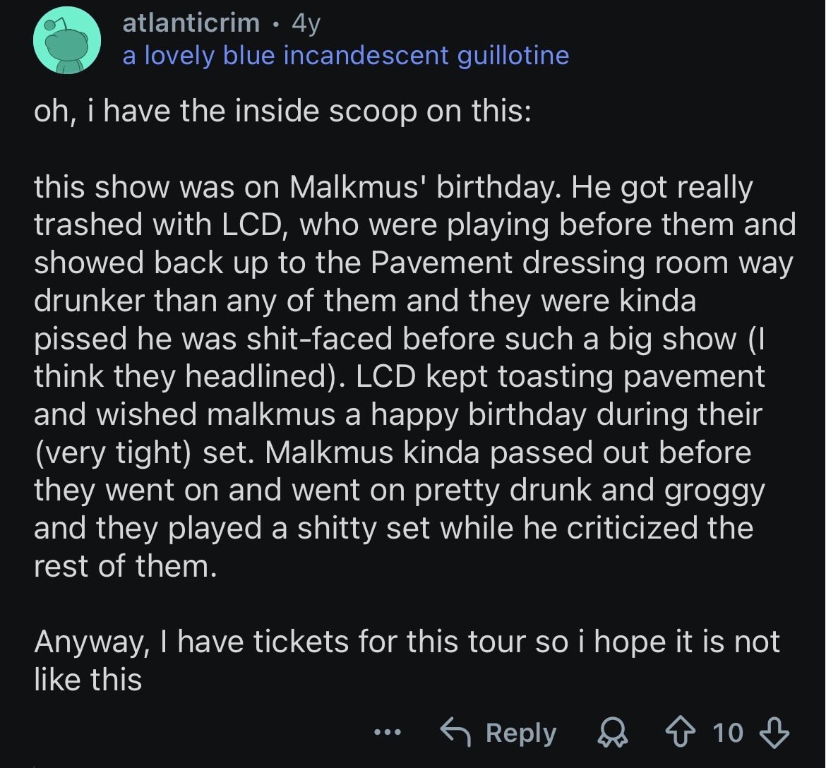 malkmusposts's tweet photo. May 30, 2010- Malkmus celebrates turning 44 and parties a little too hard with LCD Soundsystem before hitting the stage. https://t.co/ryfQNP3HUG