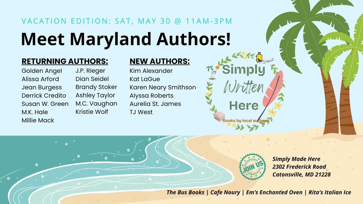 AArford's tweet photo. Meet 19 Maryland Authors on May 30 in Catonsville for a vacation book fair! 

https://t.co/XP2bZt094n https://t.co/1Y8jRdhdrq