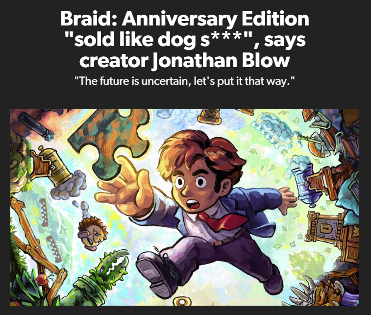 Bill_Baths's tweet photo. The only 3 things I know about Braid are the Dorkly video, the time Soulja Boy reviewed it which made the creator cry, and this. 

Is it even a good game at this point when it's remembered for those things I just mentioned? https://t.co/AjhpMNYiCU