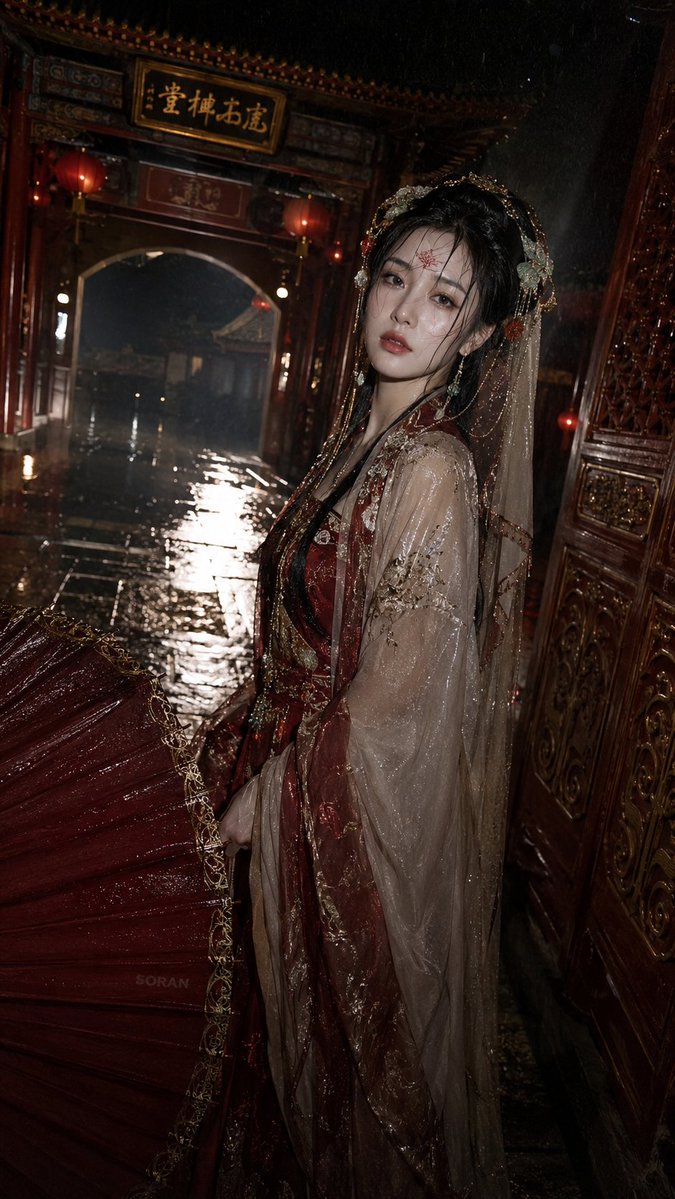 Soranlan's tweet photo. 金阙红妆这四个字，第一眼就有画面了。

不是普通古风美女，是金殿、朱墙、冷玉台阶、烛火、凤冠、红衣，妆面压住情绪的那种贵气。好看的点不在红，在红得有分寸

衣服可以浓，背景可以重，妆可以艳，但人不能浮。眼神要冷一点，姿态要稳一点，像从金阙深处走出来，知道自己很美，也知道这份美带着代价。

这种图最怕做成影楼古装，一旦全是大红大金、满屏花纹、脸上只有精修感，马上就俗了。

真正抓人的金阙红妆，应该有一点压迫感，富丽但安静，华贵但不讨好，像一场盛大的册封礼结束后，她一个人站在宫灯下面，红妆还在，心已经冷了