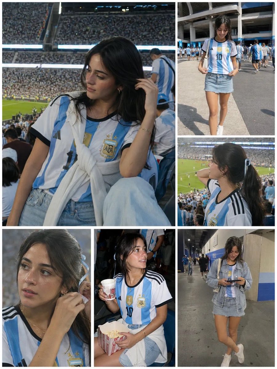oggii_0's tweet photo. GPT Image 2 on @SocialSight 

Prompt: Create a realistic 5-photo lifestyle collage of a young woman at a packed football stadium supporting Argentina. She has long dark brown hair, natural makeup, warm olive skin, delicate jewelry, and a casual effortless style. She wears an Argentina home soccer jersey with the number 10, a light blue denim mini skirt, white sneakers, and a white sweater tied around her waist. In one photo she also wears an oversized light denim jacket.

Layout: large vertical hero image on the left, four smaller photos arranged on the right and bottom, clean white borders between images, modern social-media aesthetic.

Photos include:

Seated in stadium stands during a match, looking down while touching her hair, crowd and football field blurred in the background.
Walking outside the stadium entrance, holding the sides of her jersey, full-body shot.
Side profile watching the game from the stands, ponytail tied with a light blue ribbon.
Close-up portrait adjusting her earring, shallow depth of field, soft flash photography.
Sitting with popcorn and a drink while watching the match, candid stadium moment.

Atmosphere: Argentina national team match day, energetic crowd, thousands of fans wearing sky-blue and white jerseys, evening stadium lights mixed with natural daylight.

Photography style: candid Instagram travel photography, documentary sports fan aesthetic, DSLR quality, 35mm lens, shallow depth of field, realistic skin texture, subtle freckles, cinematic lighting, high detail, sharp focus, natural colors, premium fashion-editorial look.

Aspect ratio: 4:5 collage, ultra-realistic, photorealistic, social media influencer content, authentic match-day experience.

Negative prompt (optional):

blurry, low resolution, extra fingers, distorted face, duplicate person, cartoon, illustration, AI artifacts, oversaturated colors, unrealistic skin, text, watermark, logo overlay, frame defects, cropped limbs.