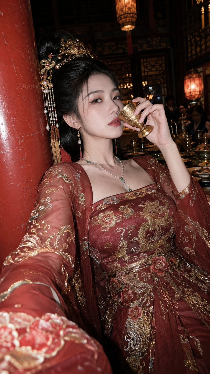 Soranlan's tweet photo. 金阙红妆这四个字，第一眼就有画面了。

不是普通古风美女，是金殿、朱墙、冷玉台阶、烛火、凤冠、红衣，妆面压住情绪的那种贵气。好看的点不在红，在红得有分寸

衣服可以浓，背景可以重，妆可以艳，但人不能浮。眼神要冷一点，姿态要稳一点，像从金阙深处走出来，知道自己很美，也知道这份美带着代价。

这种图最怕做成影楼古装，一旦全是大红大金、满屏花纹、脸上只有精修感，马上就俗了。

真正抓人的金阙红妆，应该有一点压迫感，富丽但安静，华贵但不讨好，像一场盛大的册封礼结束后，她一个人站在宫灯下面，红妆还在，心已经冷了