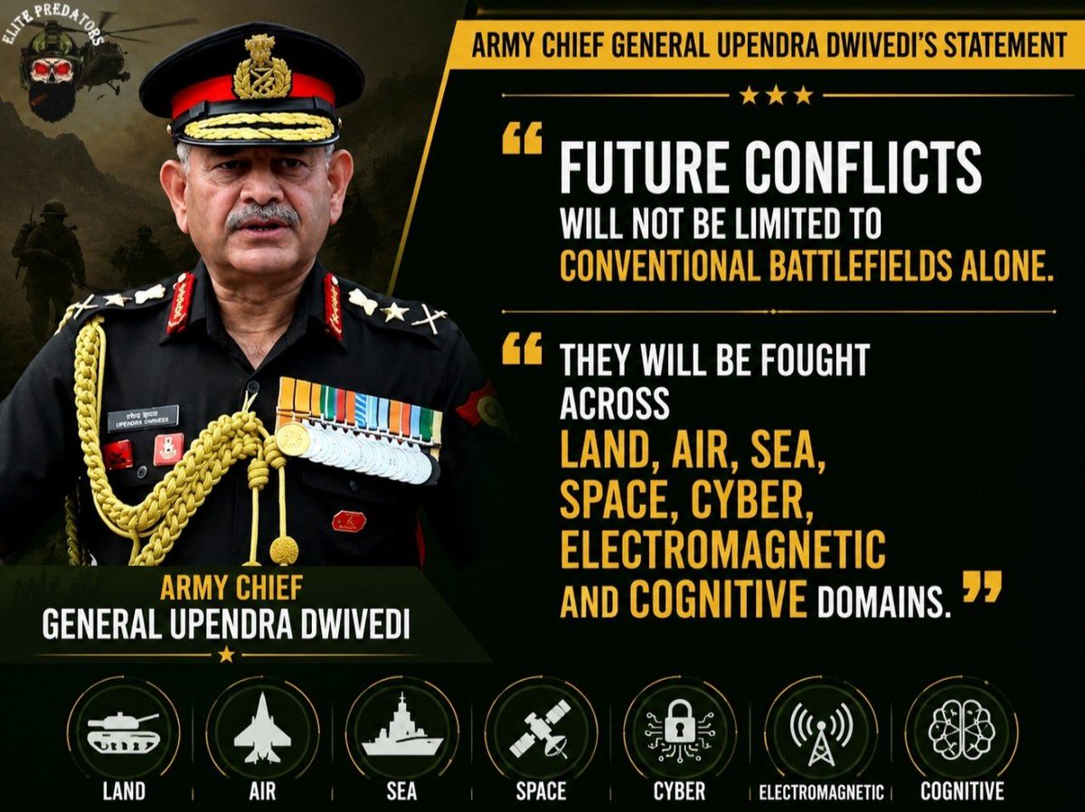 elitepredatorss's tweet photo. Army Chief General Upendra Dwivedi: “Future conflicts will not be limited to conventional battlefields alone. They will be fought across land, air, sea, space, cyber, electromagnetic and cognitive domains.” https://t.co/fbIxeIz85z