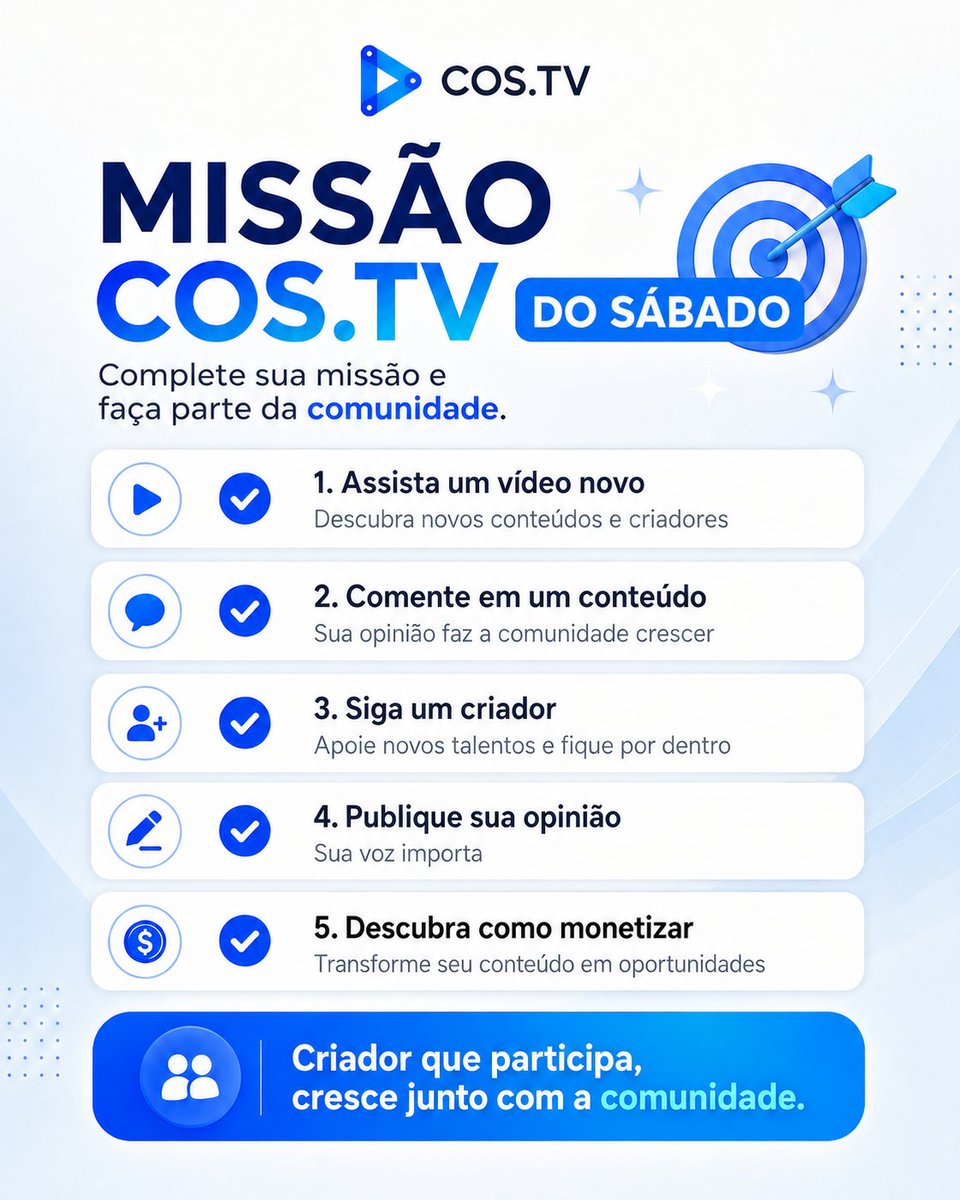 costvbrasil's tweet photo. Todo mundo tá no automático nesse sábado. e você?

Hoje o desafio é diferente: entra na https://t.co/f0yCqJEiwS, descobre um vídeo novo, comenta em um conteúdo, segue um criador e explora como monetizar o que você já cria.

A comunidade cresce quando mais pessoas participam — e sábado é o melhor dia pra começar 👊