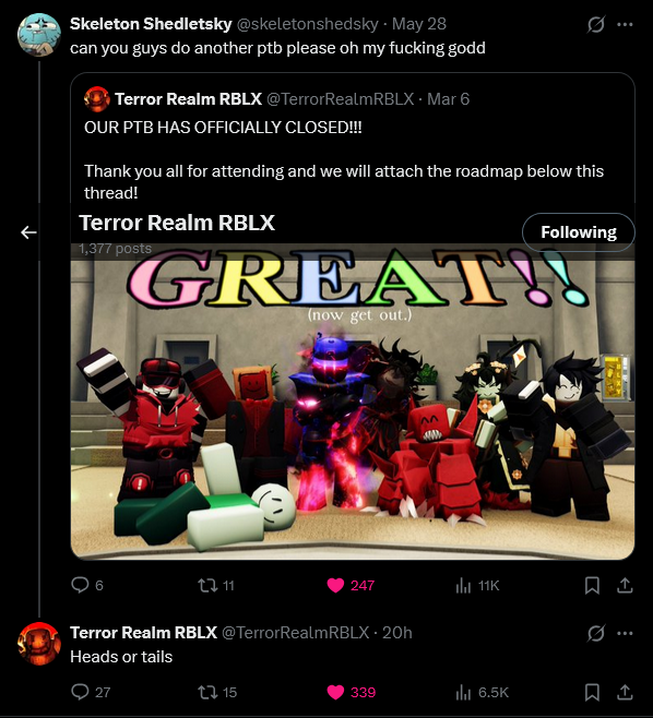 JohnTerrorRealm's tweet photo. @TerrorRealmRBLX does this mean he got it right and the next ptb is tomorrow? https://t.co/Kf4T3SQBgP