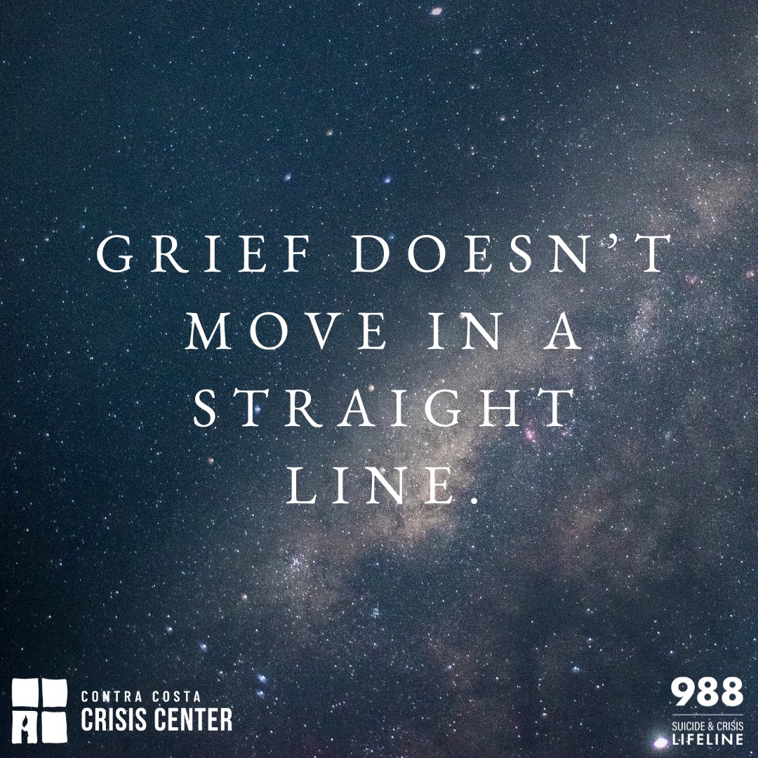CCCrisisCenter's tweet photo. Grief doesn’t move in a straight line.

Some days you’re functioning.  Some days a song, a voicemail, a smell, or an ordinary moment brings everything rushing back again.

There is no “right way” to grieve and no timeline for missing someone you love.💚

If you’re carrying loss quietly, you do not have to carry it alone. Talking to someone can help — even if you don’t know where to begin.

Contra Costa Crisis Center is here 24/7 for emotional support and connection to resources.

📞 Call or text 988 anytime.
#GriefSupport #988Support #MentalHealthSupport #YouAreNotAlone #ContraCostaCrisisCenter