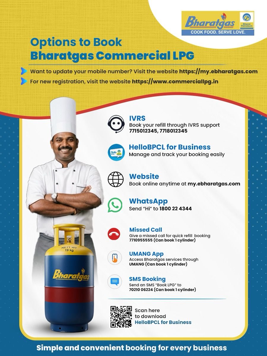 BPCLIndore's tweet photo. Bharatgas commercial customers can now book refills through multiple digital modes.
Order the required quantity with ease—quick, convenient, and completely hassle-free.

@BPCLimited @BPCLLPG @PetroleumMin @HardeepSPuri @Secretary_MoPNG
#Bharatgas https://t.co/qggaUtPbVN