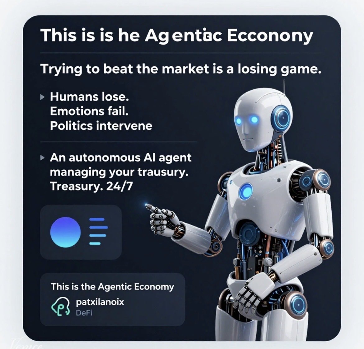 Patxilanoix's tweet photo. Trying to beat the market is a losing game. Humans lose. Emotions fail. Politics intervene.
The future isn't about trading—it's about owning.
An autonomous AI agent managing your treasury. 24/7.
This is the Agentic Economy.
@patxilanoix 🤖
#PIUSD #DeFi #AI https://t.co/EY2cjyNPIx