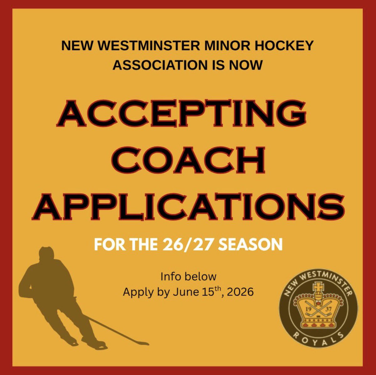 PCAHAMain's tweet photo. NWMHA is now accepting coaching applications for the 26/27 season.

Application is available here:  https://t.co/SG3t4qZraI

Questions?  Contact coachcoordinator@nwmha.ca.

Applications are due June 15th.

📸 New Westminster MHA https://t.co/2Wyhwl8KwM