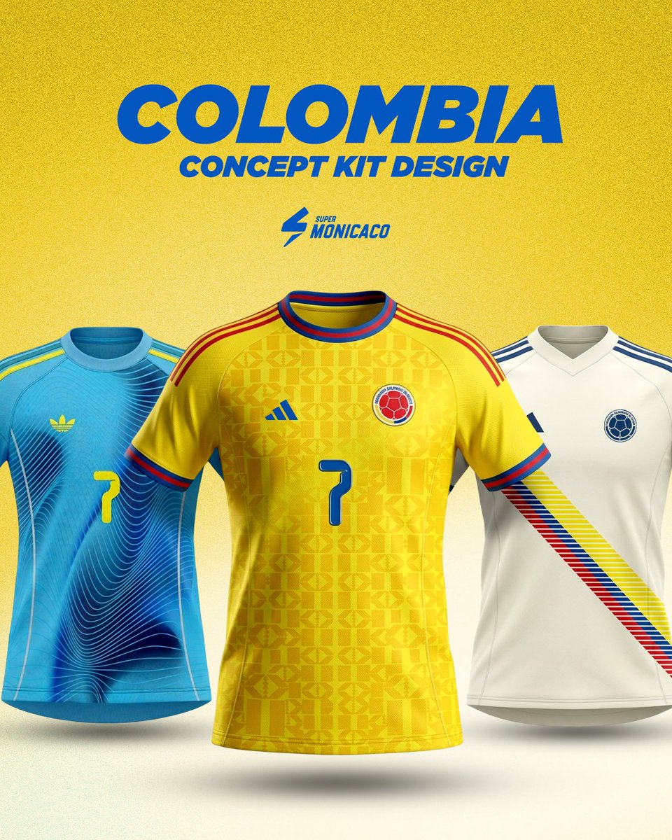 SuperMonicaco's tweet photo. 🇨🇴 Colombia: "Concept kit design" para el Mundial 2026.

#supermonicaco #colombia #DiseñoDeUniformes #uniformconcept #ConceptKit https://t.co/JsEasqs0M7