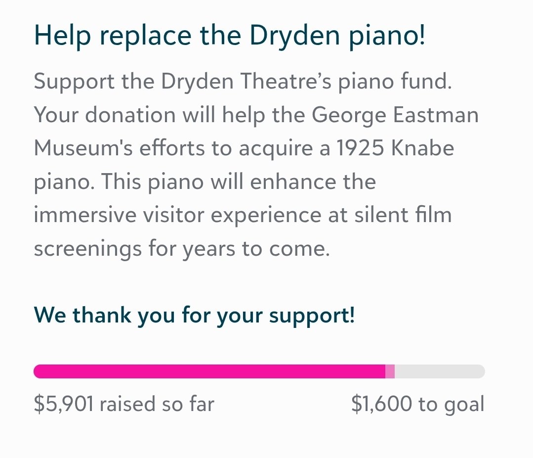 fzosh85's tweet photo. @rianjohnson looking for rts for The Dryden Theatre in Rochester. As you well know, they're an institution and beacon for film enthusiasts and preservationists. They're looking to acquire a restored Knabe for silent accompaniment. Here's the link 
https://t.co/dfeW4BLSzt https://t.co/YGhhqOIm7T