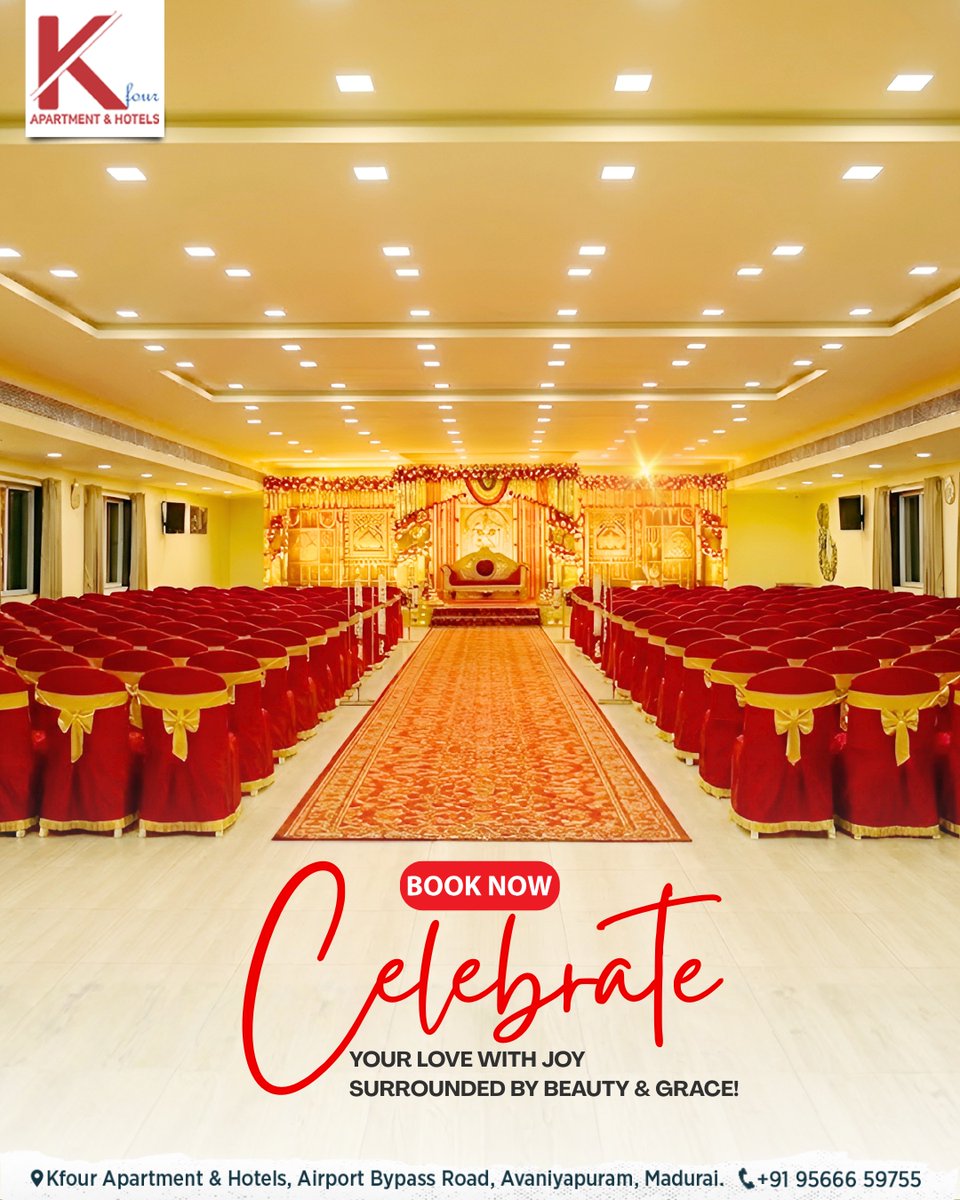 KFourHotel's tweet photo. Celebrate your love with joy, surrounded by beauty &amp; grace, make every moment special at our elegant banquet hall at Kfour Hotel. 💍✨

Book Now👉 https://t.co/XwLDrsQhJv
.
.
.
#KfourHotel #BanquetHall #CelebrateLove #MaduraiEvents #ElegantMoments https://t.co/X1mlduHHQX
