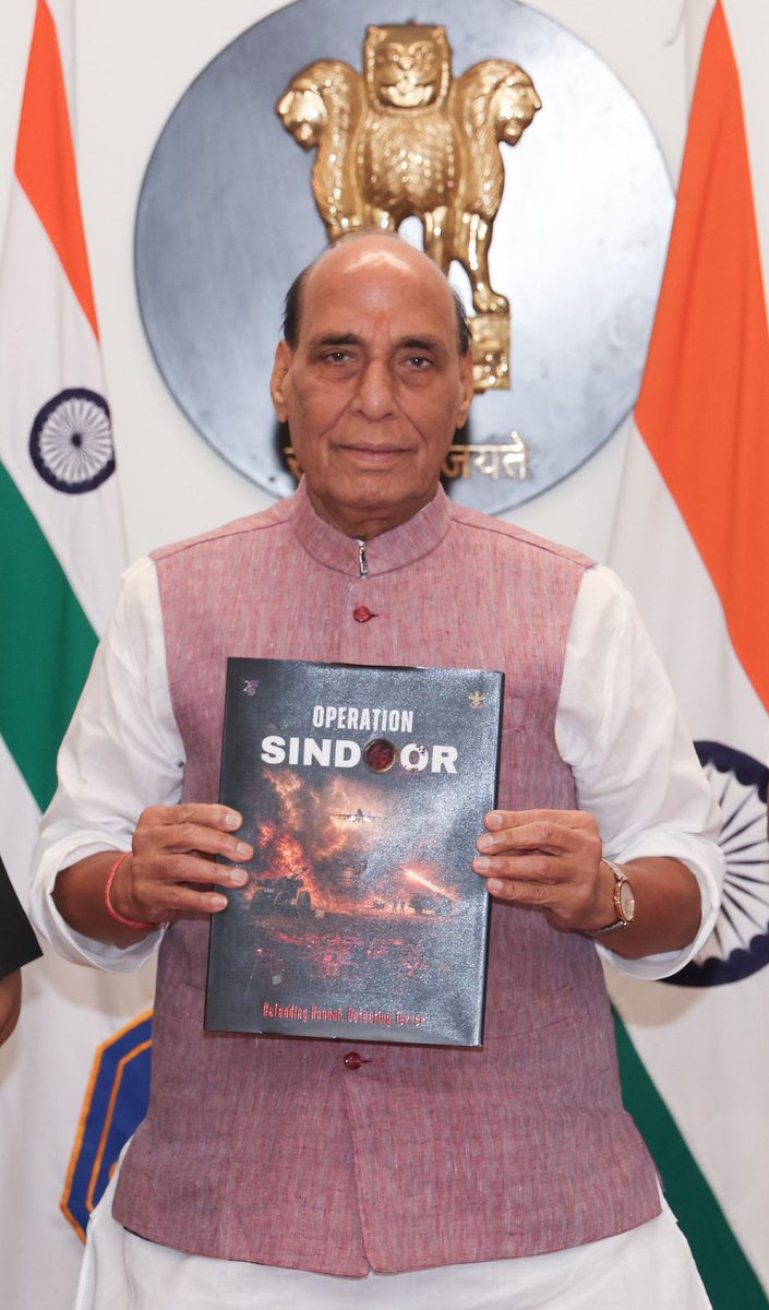 DefProdnIndia's tweet photo. Raksha Mantri Shri Rajnath Singh, on May 29, 2026 released a commemorative volume on #OperationSindoor, documenting the personal testimonies of 100 officers, sailors, airmen and soldiers who participated in the operation.

Raksha Mantri termed the publication a tribute to those who executed the operation, highlighting the devotion, courage and resilience of the Armed Forces. He stated that citizens should draw inspiration from the book and strive to be worthy of the immense sacrifices made to safeguard the nation’s security and sovereignty.

Details: https://t.co/ykX4tZgA0c

#RajnathSingh #IndianArmedForces #IndianArmy #IndianNavy #IndianAirForce  #NationFirst #ArmedForces #OpSindoorVictory #OpSindoor  #OperationSindoor #OpSindoorContinues