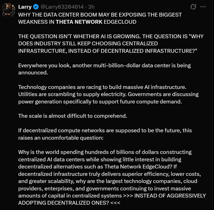 Theta_Ron's tweet photo. @Larry63204614 you think #Theta #EdgeCloud is a competitor to data centers?? It is a hybrid platform that intelligently routes workloads using centralized cloud GPUs (Google, AWS) for training and latency sensitive tasks, while leveraging distributed edge nodes for cheaper inference, rendering, and burst capacity at 50 to 70 percent lower cost. This complements data centers by providing scalable, low cost overflow exactly where centralized infrastructure is overkill, not replacing them.
You are clueless.
If your gonna FUD you got to do better than this shit post. 😂🤣😂
Unblock me light weight. 🤡