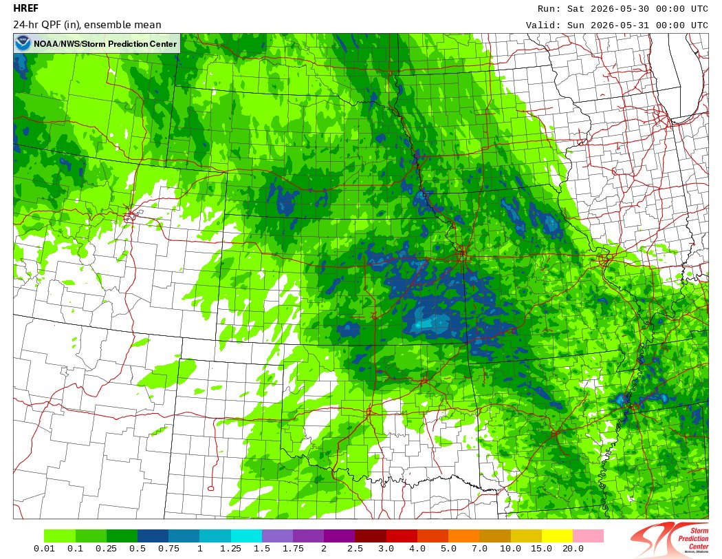 ChaserJake94's tweet photo. Pretty good signal from the HREF that central Kansas should see some storms tomorrow. Quite a bit of rain has fallen across the central part of the state lately. https://t.co/jKf54T3q2G