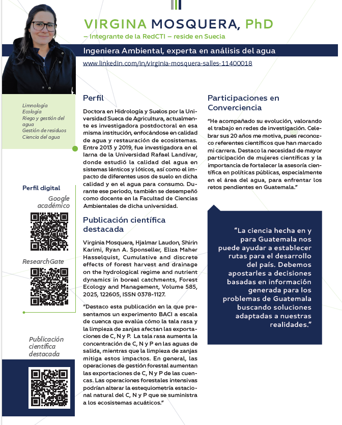 RedCTI_GT's tweet photo. ¡Estamos organizando Converciencia 2026! 🌎🔬

Hoy destacamos a Virginia Mosquera Salles (@VickyMosquera), quien investiga en riesgo en la calidad del agua y reside en Suecia.

Comparte tu historia: https://t.co/ZOpKNU3LDa

🗓️ Cierre: 29 de mayo
✉️ redctiguatemala@gmail.com https://t.co/SwkQza533C
