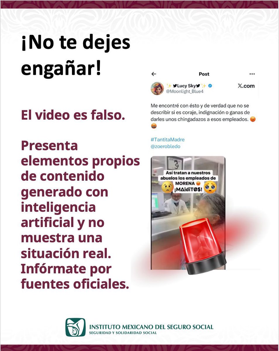 Tu_IMSS's tweet photo. @HelisutCordova 🚨 No te dejes engañar.

El video que circula en redes sociales fue generado con inteligencia artificial y no existe evidencia que respalde la narrativa que difunde. 

Antes de compartir, verifica la información en fuentes oficiales. https://t.co/KALWNwaw5i