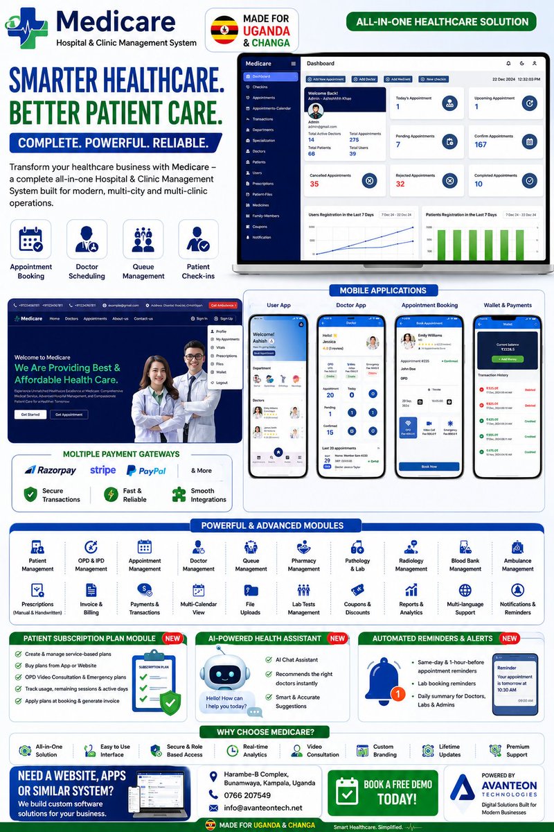 avanteontech's tweet photo. 🏥 Medicare – Smart Hospital &amp; Clinic Management System 🇺🇬
Appointments • Patient Records • Billing • Doctor Apps • Lab &amp; Pharmacy • AI Health Assistant
Built for modern healthcare in Uganda &amp; Changa.

📱 Need a website, app, or similar system?
📞 0766 207549
#HealthTech https://t.co/jf0H8PsBJV