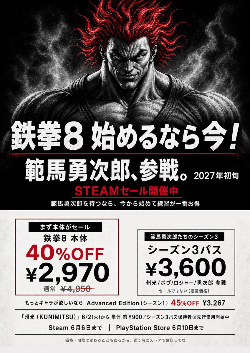 kurokuro_Japan's tweet photo. 鉄拳8、今が買い時きてるっぽい。

SteamもPSストアも同時にセール中で、本体がほぼ半額になってる。「そのうち買うか〜」で何年も寝かせてた人、今週だけはマジで一回ストア開いた方がいいやつじゃね？

Steamは6/6、PSは6/10ごろまでっぽい。値段まとめとくわ

▼Steam（〜6/6）
・本体：40%OFF → ¥2,970（定価¥4,950）
・Advanced Edition(シーズン1)：45%OFF → ¥3,267（定価¥5,940）
└本体＋追加キャラ（エディ/リディア/平八/クライヴ）入り
・Season2 Ultimate：27%OFF → ¥7,950（定価¥10,890）
└本体＋シーズン1・2パス＋カスタマイズまで全部のせ
(S2キャラ_アンナ/ファーカムラム/アーマーキング/ミアリズ)

▼PS Store 日本（〜6/10 23:59ごろ）
・本体：40%OFF → ¥2,970（通常¥4,950）
・Season2 Ultimate：27%OFF → ¥7,949（通常¥10,890）

選び方はだいたいこんな感じ。
・とりあえず本編だけ → Steam・PSどっちも¥2,970
・追加キャラも遊びたい → Steam Advanced が無難
・どうせ長くやるし今から追いつく鉄拳8DLC全部ほしい → Season2 Ultimate で一気に揃うのと +シーズン3パス
★勇次郎までに鉄拳の基礎覚えるから今始める→ 本体¥2,970 + シーズン3  ¥3,600

PSはエディションとかDLC単品で割引率がバラバラだから、自分の欲しいパスがちゃんと安くなってるか、買う前にもう一回見ておくと安心。(PSストアは自分が利用していないので再確認してください！)
値段も終了日もストア側でしれっと変わるので、最後はリンク先で確認してから決めてね。

セール終わってから「あの時買っとけば…」ってなるやつなので、気になってるなら今週中にストアだけでも覗いてみて。
逆にスト6のセールいつあるか教えてくださいｗ
イングリッドやります。

ヴァンパイアハンターまではニューピアホールのゲーメスト杯出場してたよ。