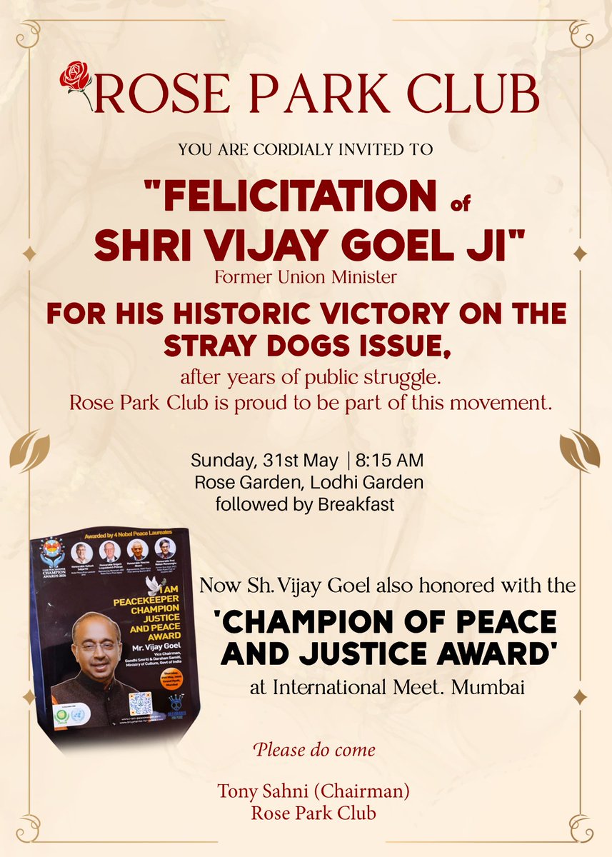 VijayGoelBJP's tweet photo. आवारा कुत्तों की समस्या पर ROSE PARK CLUB लोधी गार्डन ने  हमारा खूब साथ दिया। और हमें सफलता मिली।
रविवार 31 मई 2026 प्रातः8.15 बजे उनके निमंत्रण पर मैं लोधी  गार्डन आ रहा हूं। आप भी आइए। https://t.co/p2fuwpbd8p