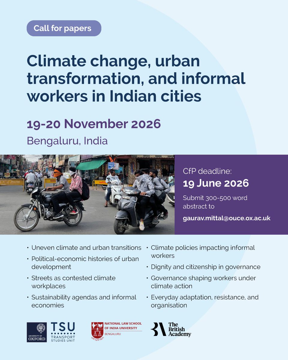 geo_mittal's tweet photo. Call for Papers

Climate Change, Urban Transformation, and Informal Workers in Indian Cities

📍 Bengaluru | 19–20 Nov 2026
✈️ Travel &amp; accommodation support available
📝 Abstract deadline: 19 June 2026

More details: https://t.co/dYqur8aIDr https://t.co/OVPb1ea5qC