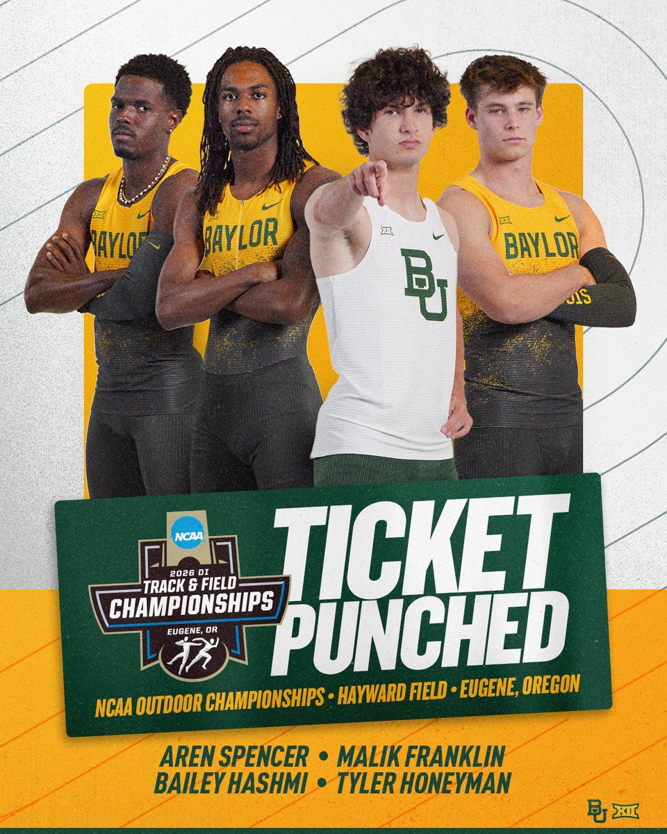 BaylorTrack's tweet photo. THIS IS A TEAM

A group with no individual qualifiers making it to the NCAA Championship, Aren Spencer, Malik Franklin, Bailey Hashmi and Tyler Honeman ran a season-best 3:02.70 in the 4x400-meter relay to punch their tickets to Eugene.

For those of you who are scoring at home, that gives Baylor seven entries and 10 individuals (including the relay members).

#SicEm