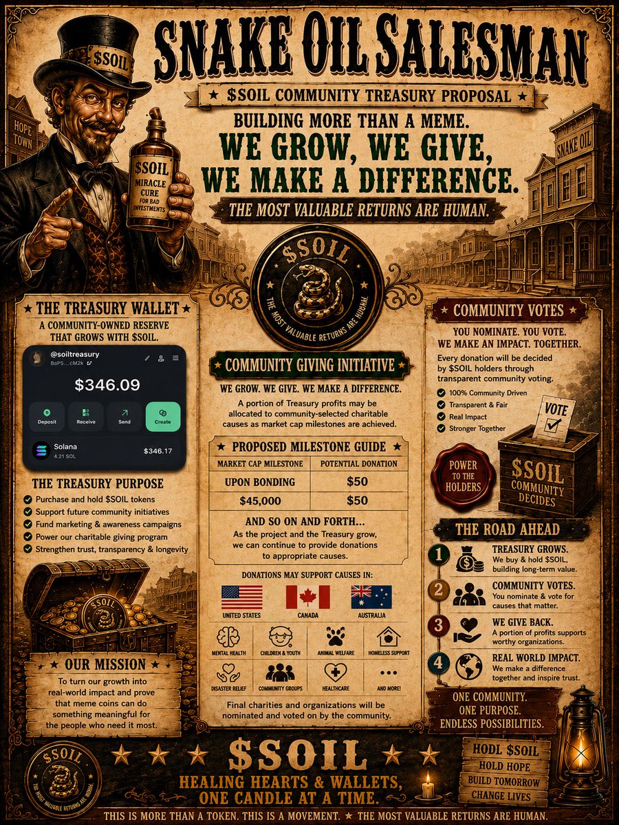 Snakeoil26's tweet photo. Most meme coins ask what they can take from a community.

We’re asking what we can give back.

Introducing the proposed $SOIL Community Treasury — a wallet designed to support future growth, community initiatives, and charitable giving chosen by our holders.

We Grow. We Give. We Make a Difference.

🐍 $SOIL

#TheMostValuableReturnsAreHuman