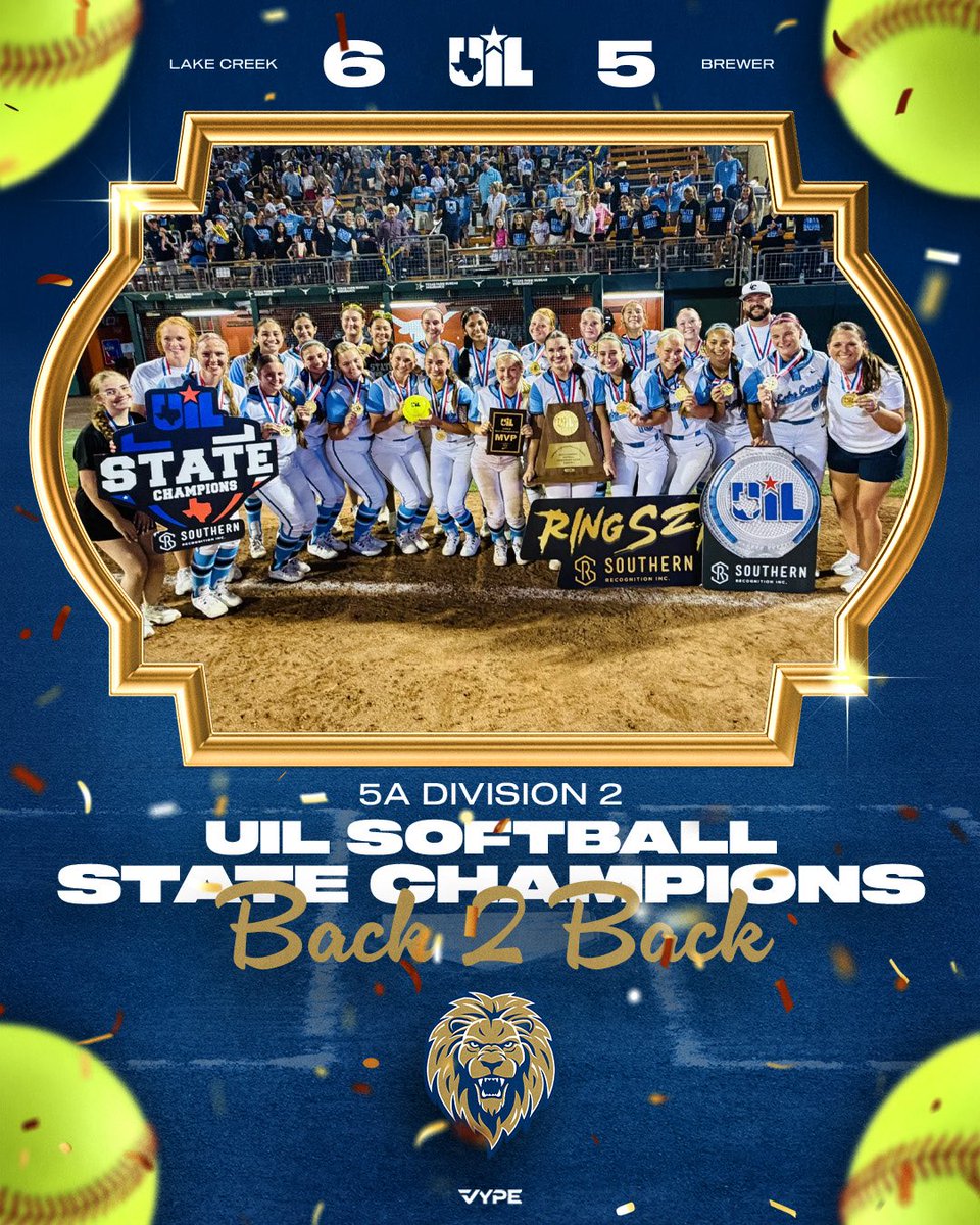 vypehouston's tweet photo. 🦁🏆THE GOLDEN ERA CONTINUES🥇🔁

Lake Creek’s legacy grows in Austin as the Lady Lions secure the repeat 💍💍 and a fourth state title in five seasons💥

5A D2 FINAL
@LakeCreek_SB - 6
Brewer - 5

MVP👑
@madalyndavis_42 // 2-3 (2 R)

📸 @MatthewOgle777 
🎥 @Vype_alex